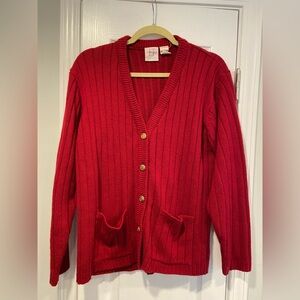VTG Liz Thomas Size L Red Ribbed Knit Gold Button V Neck Cardigan Sweater